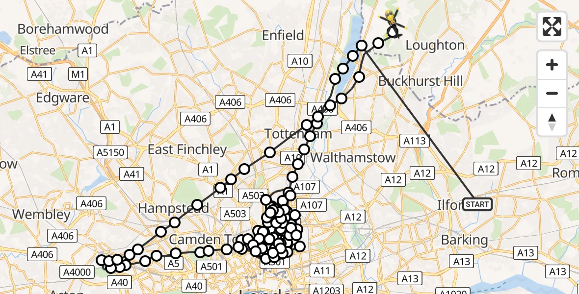 Flight route Police Helicopter Seven Kings - Sewardstonebury, 15 May 2026, 07:09