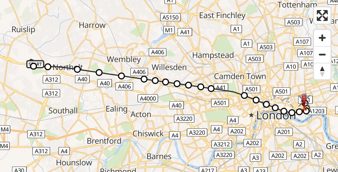 Flight route Air Ambulance Helicopter RAF Northolt - Royal London Hospital, 15 May 2026, 07:11