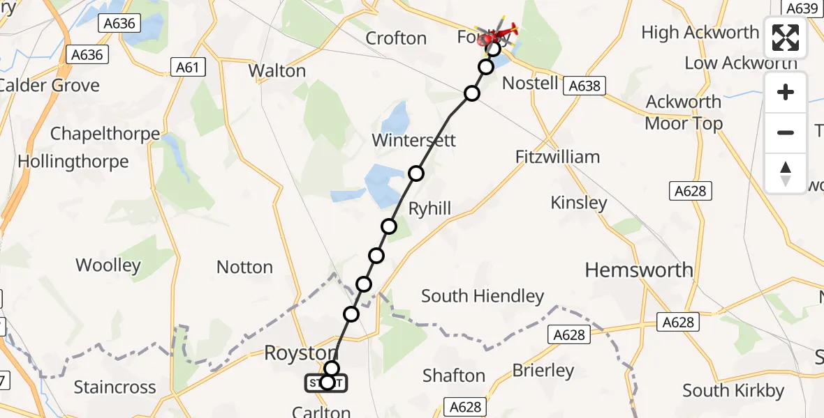 Flight route Air Ambulance Helicopter Barnsley - YAA Nostell Helicopter Port, 15 May 2026, 07:16