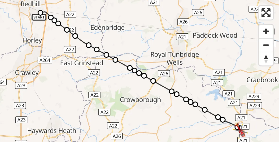 Flight route Air Ambulance Helicopter Redhill Aerodrome - Hurst Green, 15 May 2026, 07:27