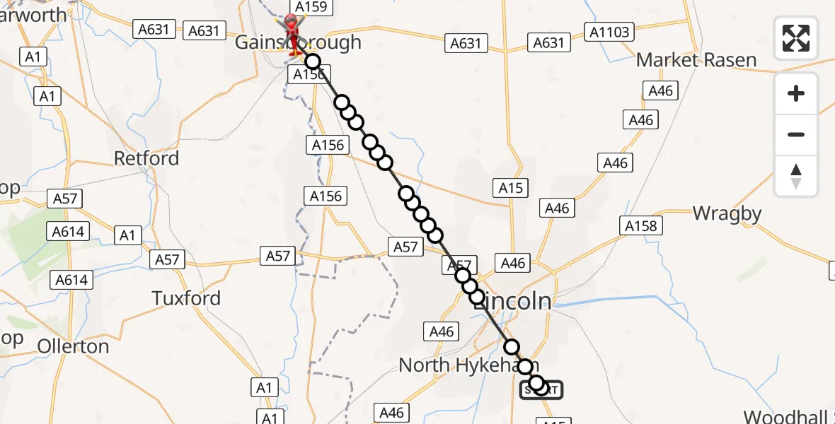 Flight route Air Ambulance Helicopter RAF Waddington - Gainsborough CP, 15 May 2026, 08:16