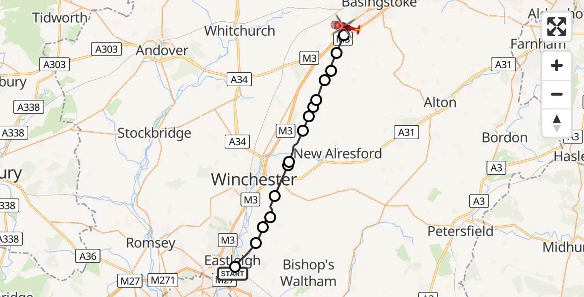 Flight route Air Ambulance Helicopter Southampton Airport - Basingstoke, 15 May 2026, 08:20