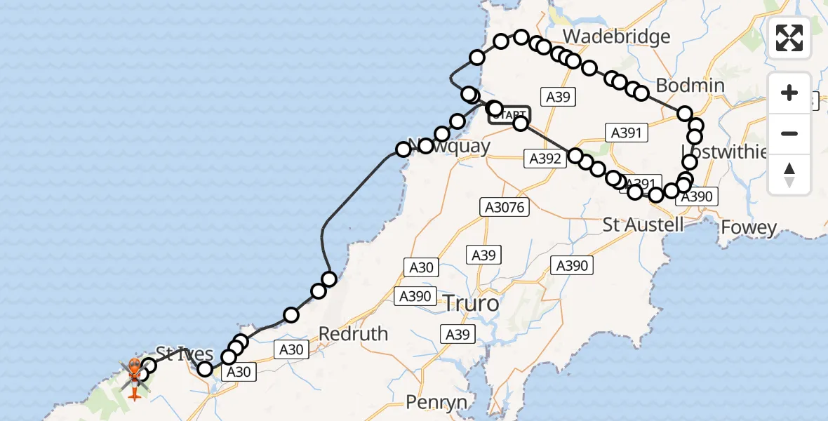 Flight route Coastguard Helicopter Cornwall Airport Newquay - Zennor, 15 May 2026, 08:30