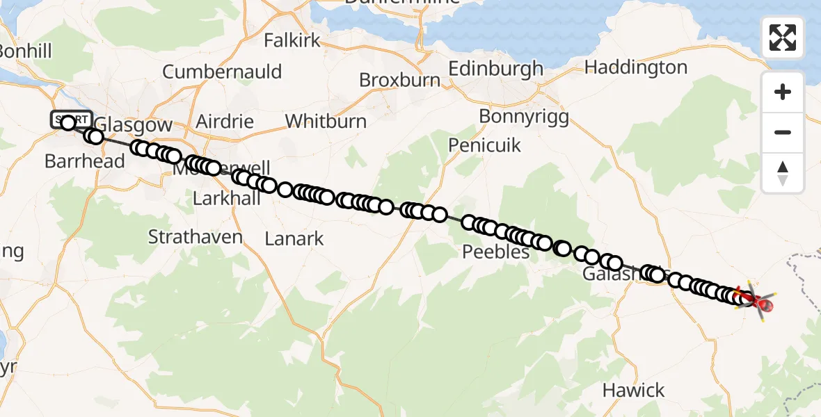 Flight route Air Ambulance Helicopter Glasgow Airport - Kelso, 15 May 2026, 08:37