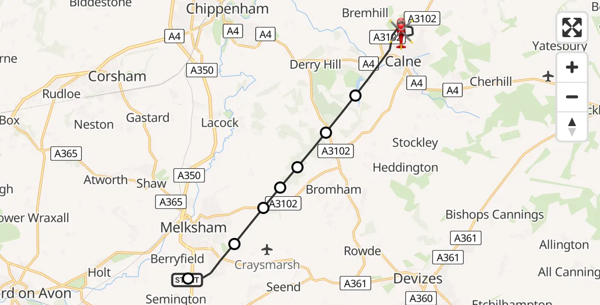 Flight route Air Ambulance Helicopter Wiltshire Air Ambulance - Calne, 15 May 2026, 08:50