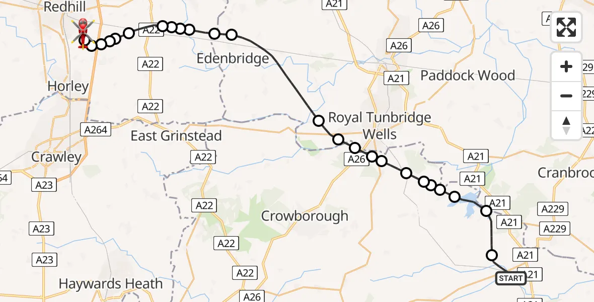 Flight route Air Ambulance Helicopter Etchingham - Redhill Aerodrome, 15 May 2026, 08:53