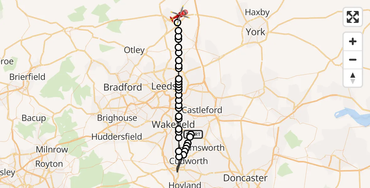 Flight route Air Ambulance Helicopter YAA Nostell Helicopter Port - Knaresborough, 15 May 2026, 09:00