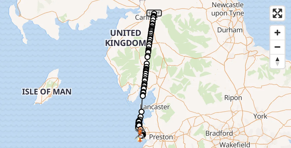 Flight route Coastguard Helicopter Carlisle Lake District Airport - Blackpool Airport, 15 May 2026, 09:15