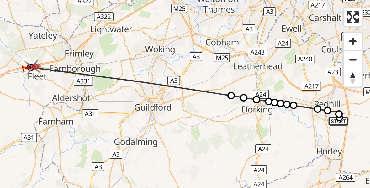 Flight route Air Ambulance Helicopter Redhill Aerodrome - Fleet, 15 May 2026, 09:32