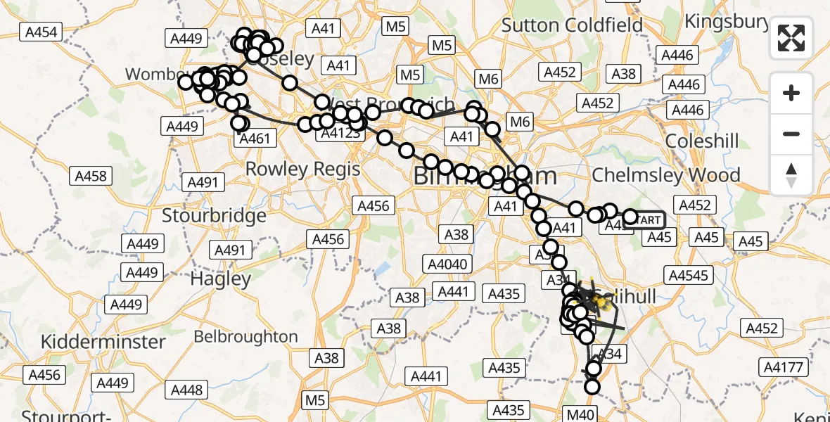 Flight route Police Helicopter Birmingham Airport - Solihull, 15 May 2026, 09:35