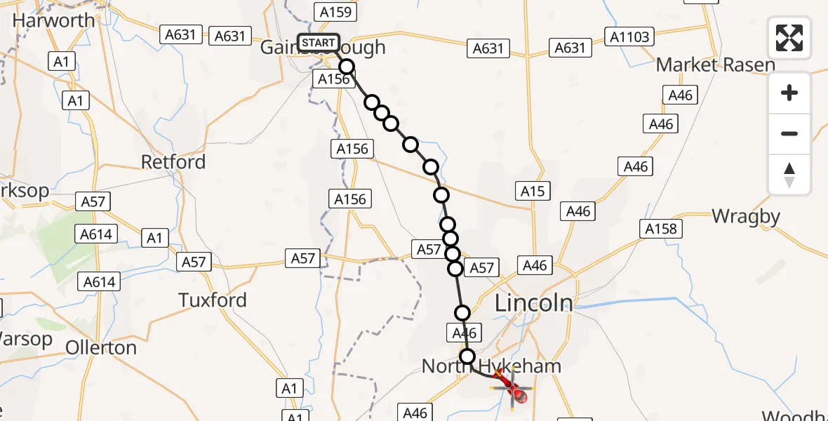 Flight route Air Ambulance Helicopter Gainsborough CP - Waddington, 15 May 2026, 09:35