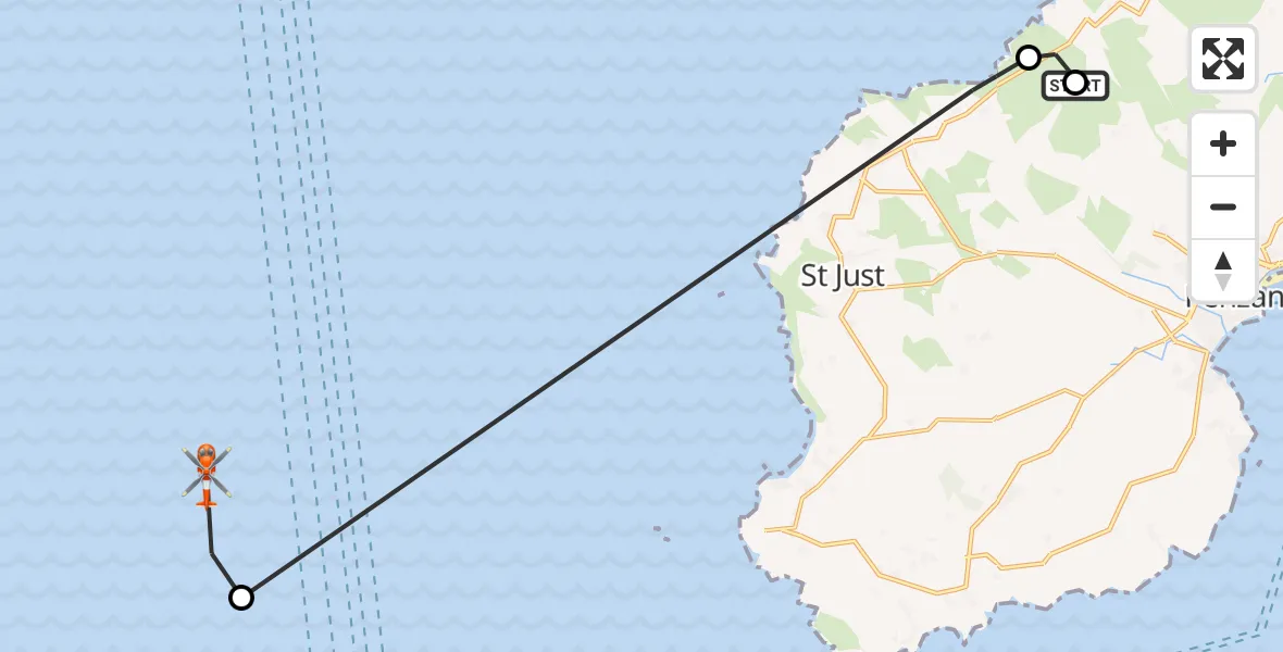 Flight route Coastguard Helicopter Zennor - North Atlantic Ocean, 15 May 2026, 09:39