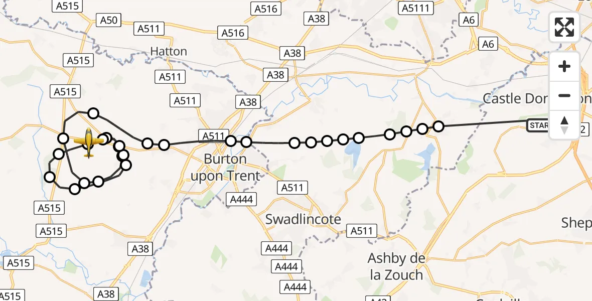 Flight route Police Aircraft East Midlands Airport - Tatenhill Airfield, 15 May 2026, 09:41