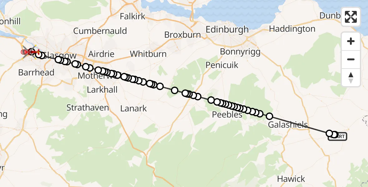 Flight route Air Ambulance Helicopter Trows - Glasgow Airport, 15 May 2026, 09:41