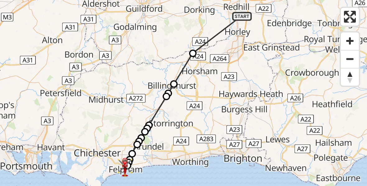 Flight route Air Ambulance Helicopter Redhill Aerodrome - Felpham, 15 May 2026, 09:43