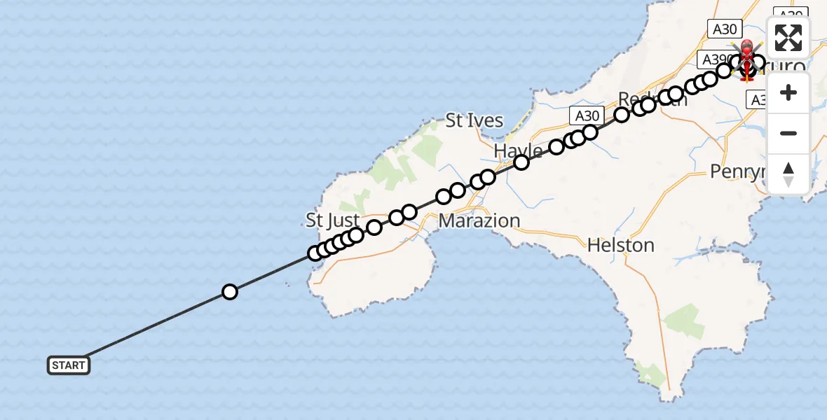Flight route Air Ambulance Helicopter North Atlantic Ocean - Treliske Hospital, 15 May 2026, 09:50