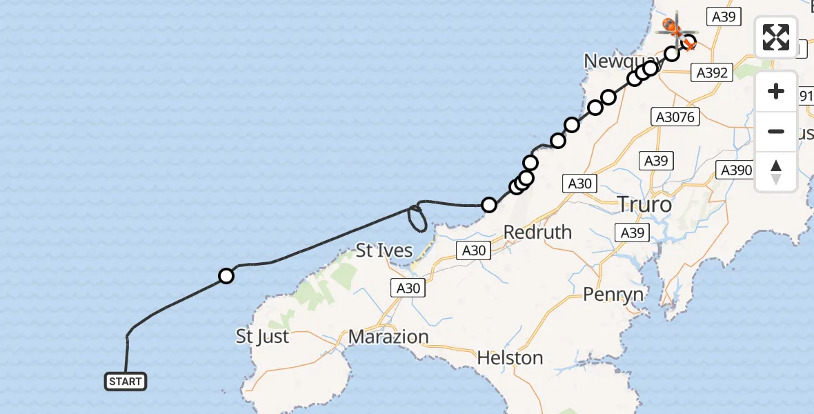 Flight route Coastguard Helicopter North Atlantic Ocean - Cornwall Airport Newquay, 15 May 2026, 09:52