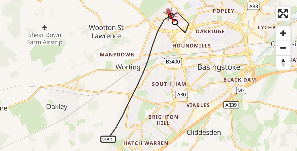 Flight route Air Ambulance Helicopter Basingstoke - Basingstoke, 15 May 2026, 10:05