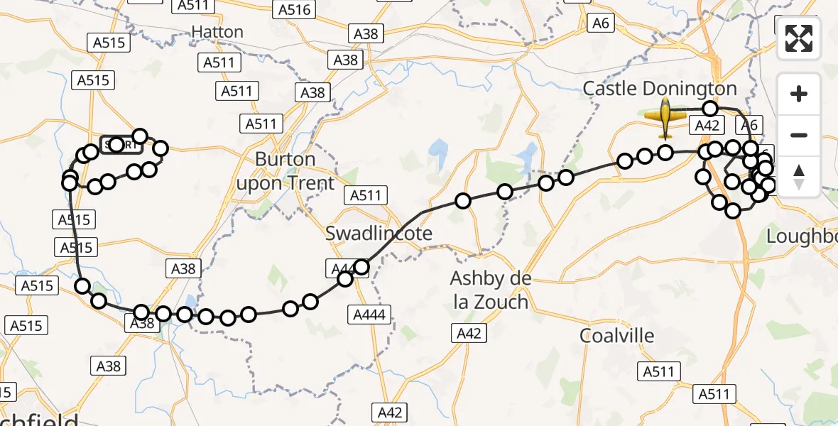 Flight route Police Aircraft Tatenhill Airfield - East Midlands Airport, 15 May 2026, 10:11
