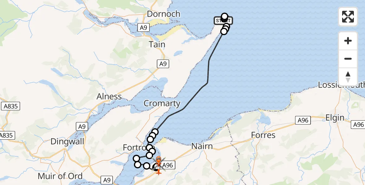 Flight route Coastguard Helicopter Tarbat Ness Lighthouse - Inverness Airport, 15 May 2026, 10:16