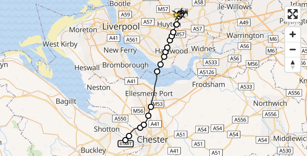 Flight route Police Helicopter Hawarden Airport - Prescot, 15 May 2026, 10:20