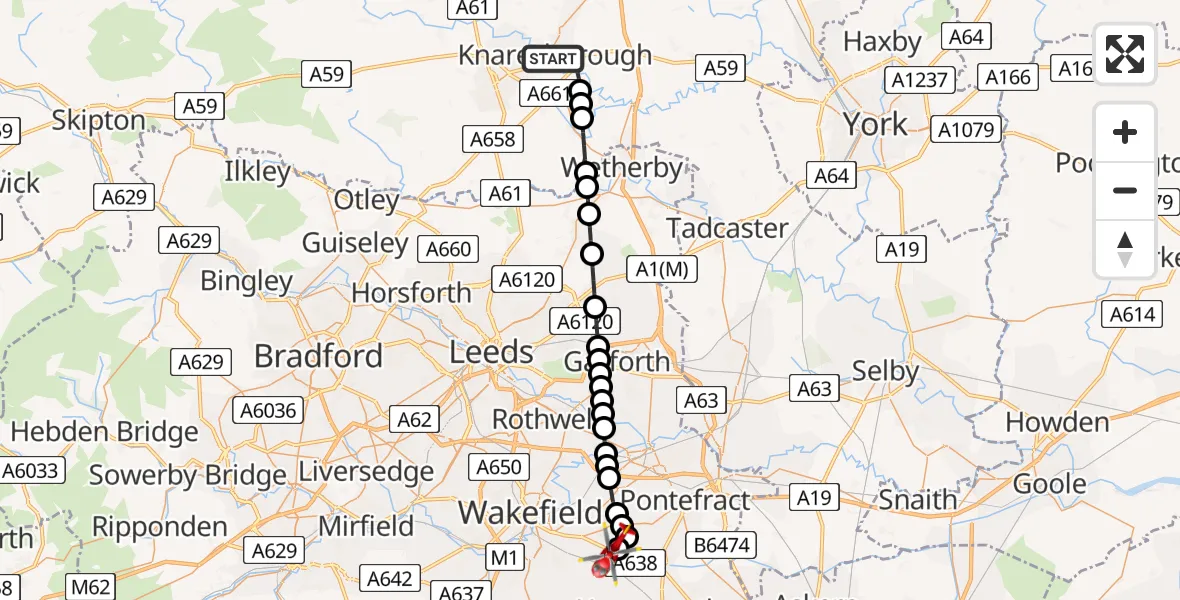 Flight route Air Ambulance Helicopter Knaresborough - YAA Nostell Helicopter Port, 15 May 2026, 10:28