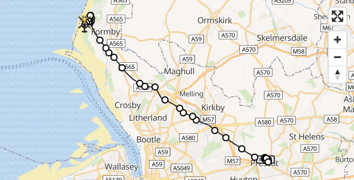 Flight route Police Helicopter Prescot - Sefton, 15 May 2026, 10:33