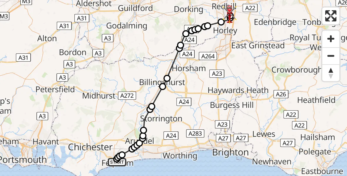 Flight route Air Ambulance Helicopter Felpham - Redhill Aerodrome, 15 May 2026, 10:36