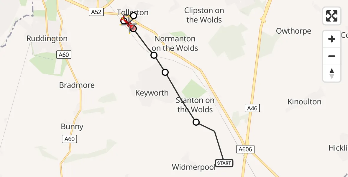 Flight route Air Ambulance Helicopter Widmerpool - Plumtree, 15 May 2026, 10:37