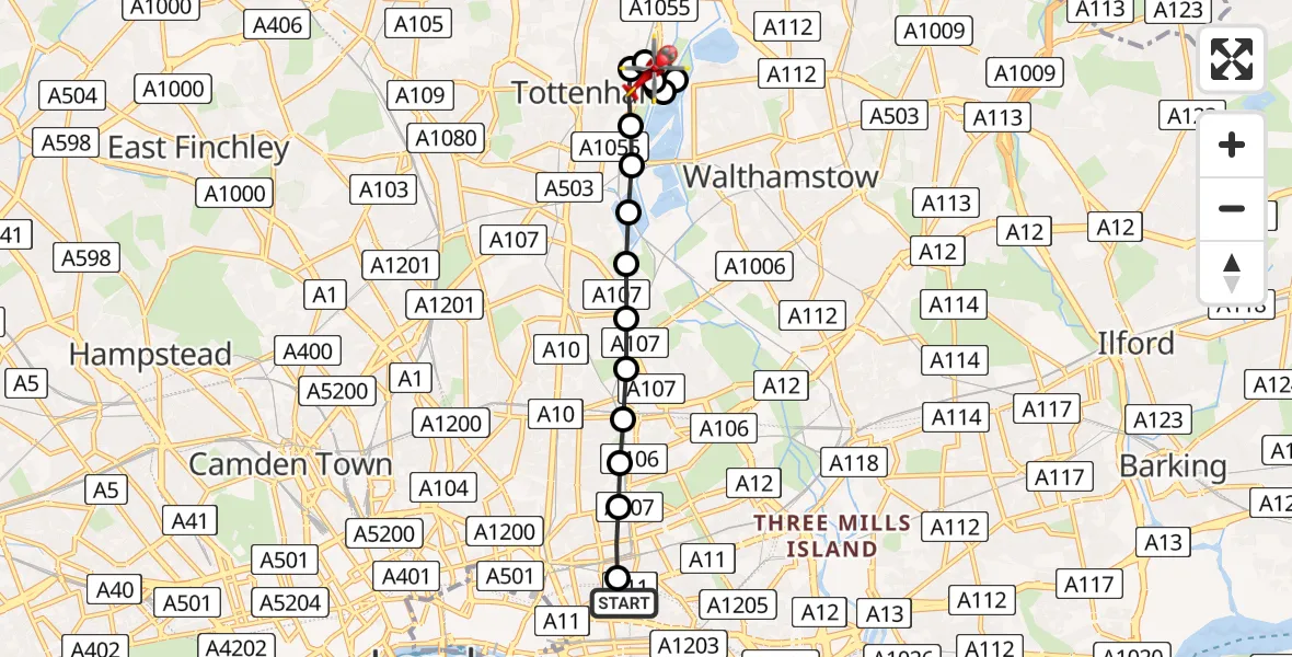 Flight route Air Ambulance Helicopter Royal London Hospital - Northumberland Park Bus Garage, 15 May 2026, 10:47