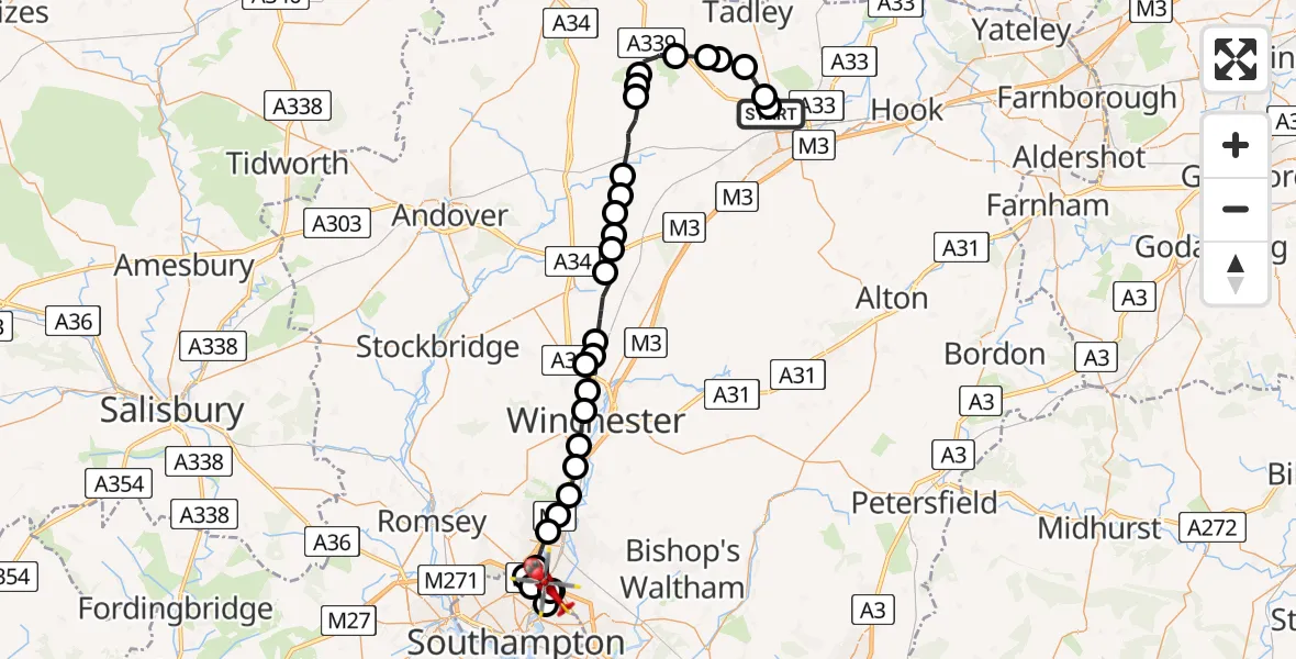 Flight route Air Ambulance Helicopter North Hampshire Hospital - Mansbridge, 15 May 2026, 10:52
