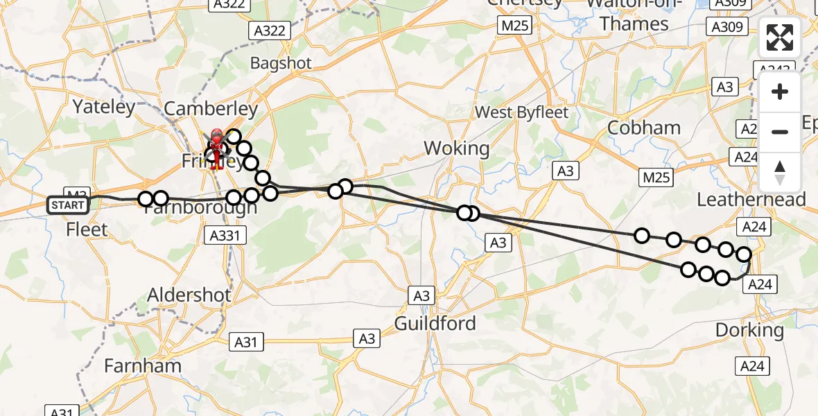 Flight route Air Ambulance Helicopter Fleet - Frimley Park Hospital, 15 May 2026, 10:52