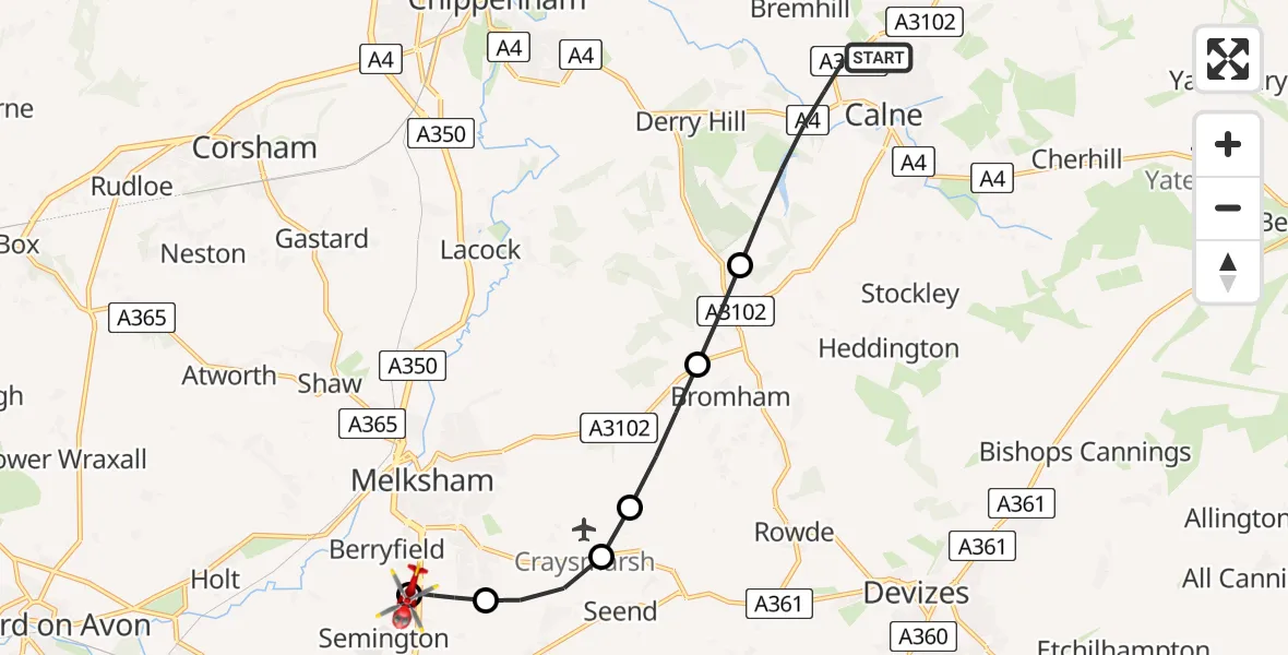 Flight route Air Ambulance Helicopter Calne - Wiltshire Air Ambulance, 15 May 2026, 11:07