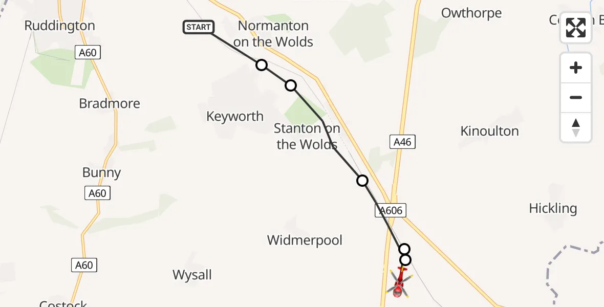 Flight route Air Ambulance Helicopter Plumtree - Nottingham Heliport, 15 May 2026, 11:10