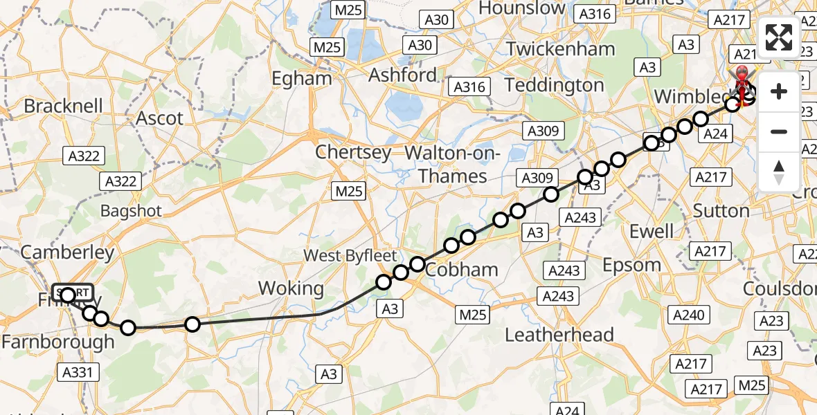 Flight route Air Ambulance Helicopter Frimley Park Hospital - St Georges Hospital, 15 May 2026, 11:39