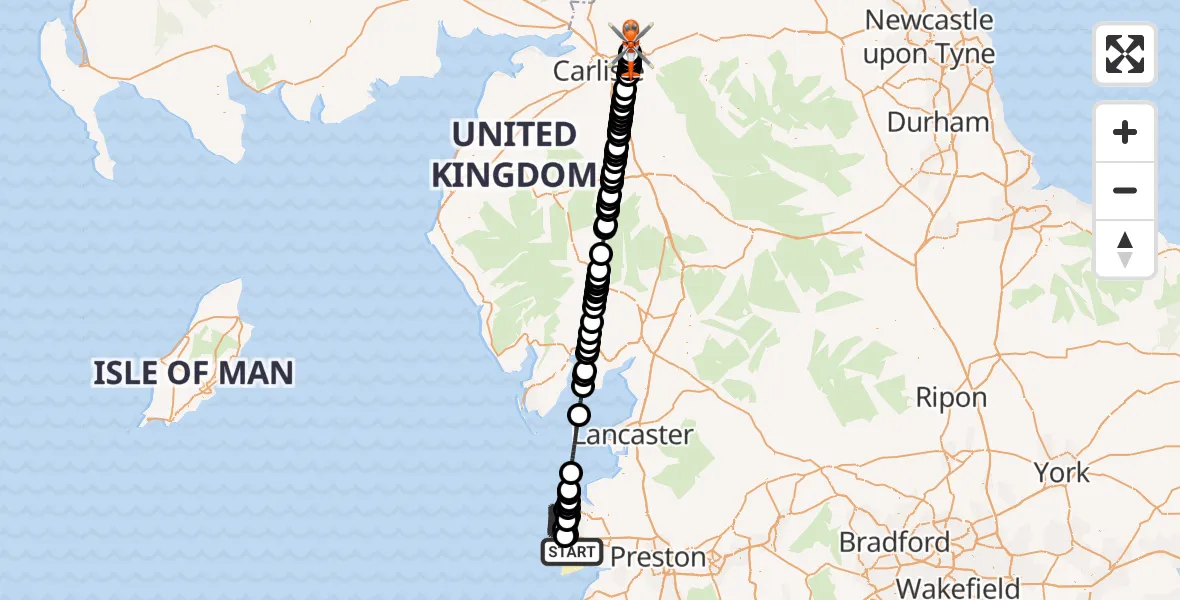 Flight route Coastguard Helicopter Blackpool Airport - Carlisle Lake District Airport, 15 May 2026, 11:40