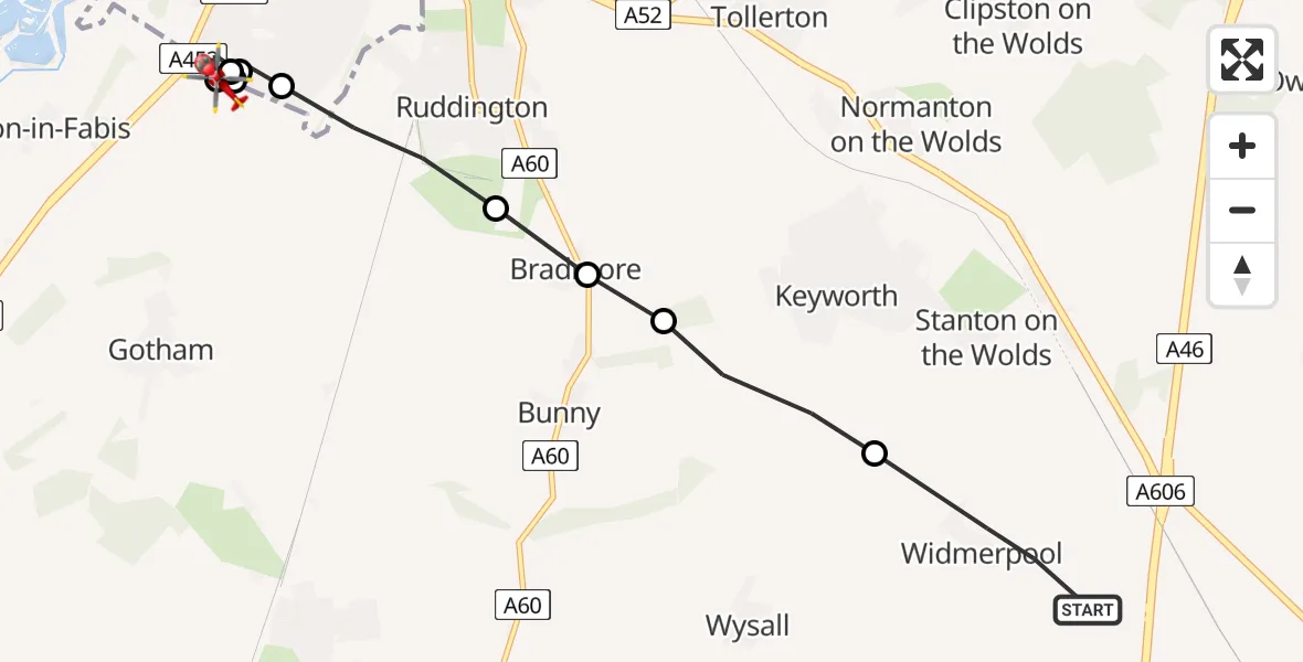 Flight route Air Ambulance Helicopter Widmerpool - Barton-in-Fabis, 15 May 2026, 11:50