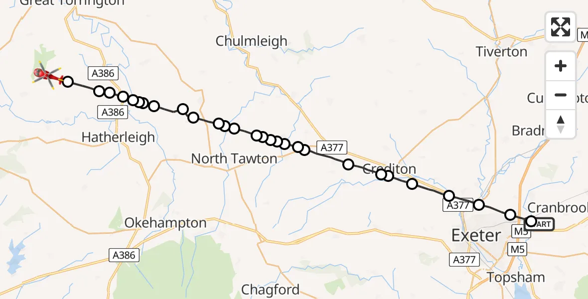 Flight route Air Ambulance Helicopter Exeter International Airport - Peters Marland, 15 May 2026, 12:16