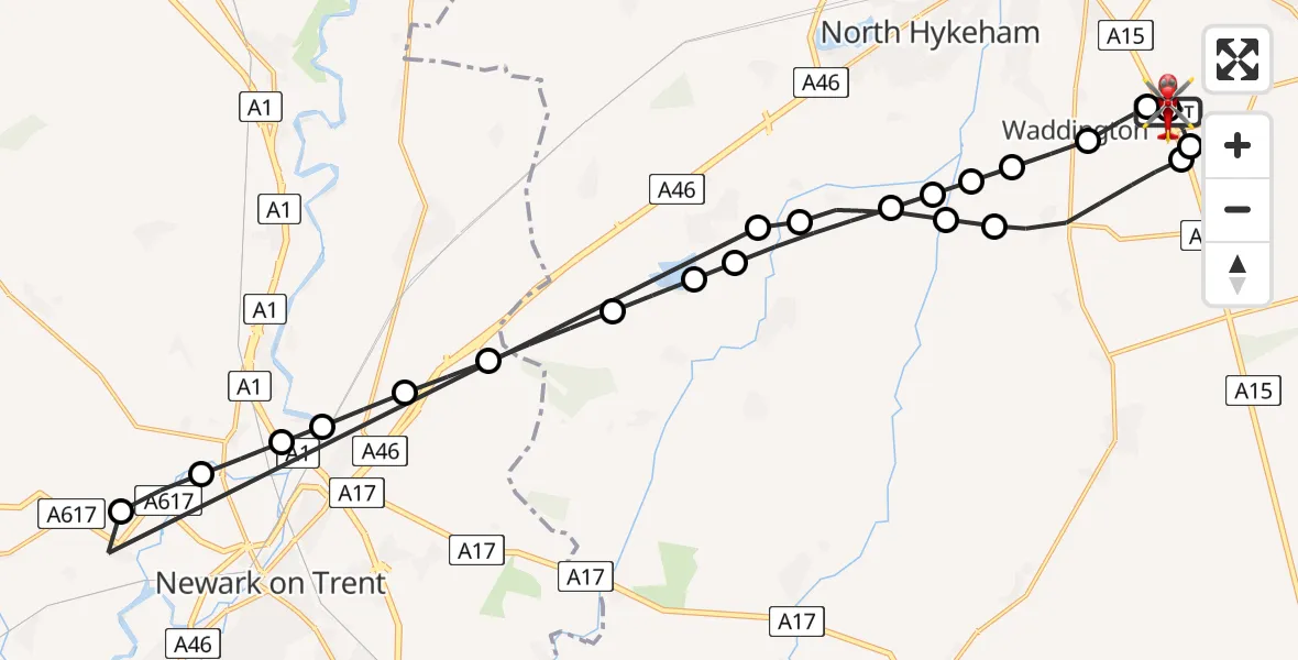 Flight route Air Ambulance Helicopter RAF Waddington - North Kesteven, 15 May 2026, 12:24