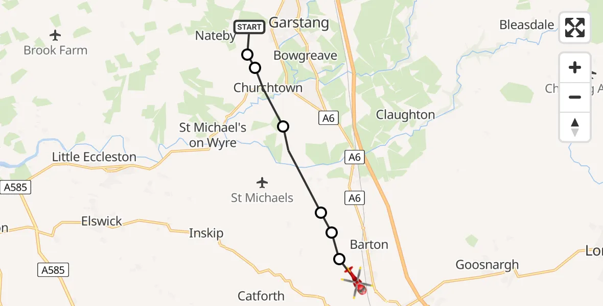 Flight route Air Ambulance Helicopter Nateby - Eaves, 15 May 2026, 12:30