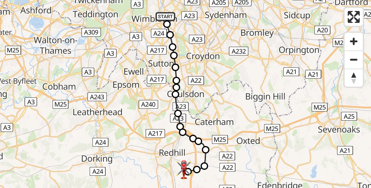 Flight route Air Ambulance Helicopter Collier's Wood - Redhill Aerodrome, 15 May 2026, 12:39