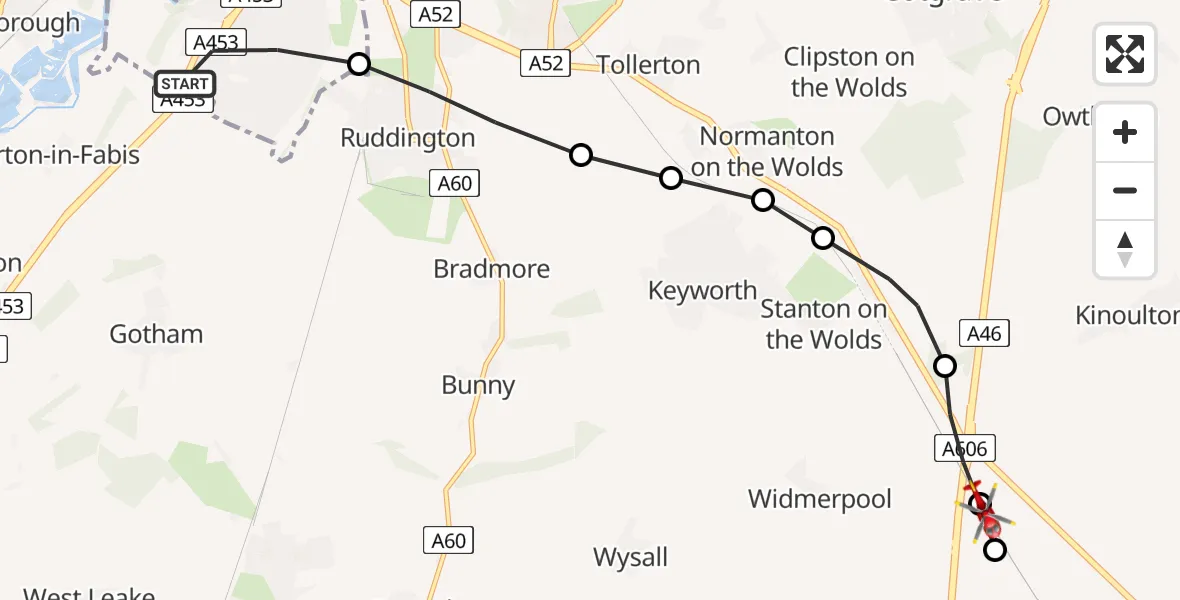 Flight route Air Ambulance Helicopter City of Nottingham - Hickling, 15 May 2026, 12:48