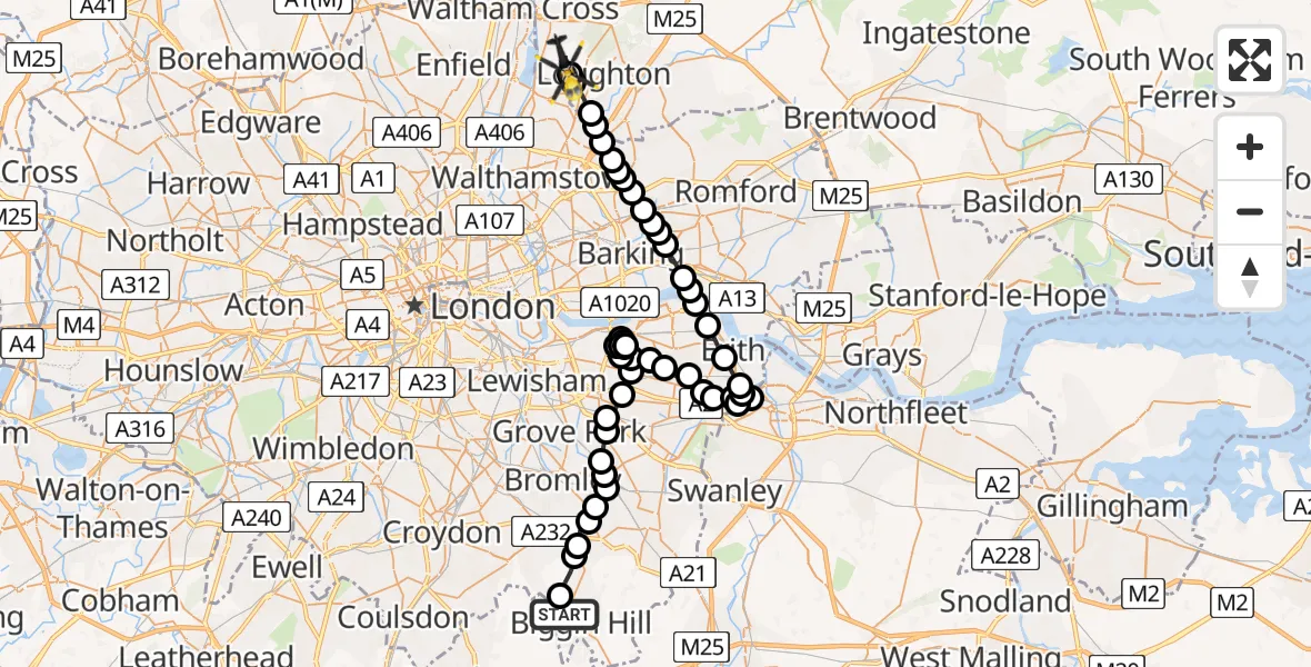 Flight route Police Helicopter Bromley - Sewardstonebury, 15 May 2026, 12:49