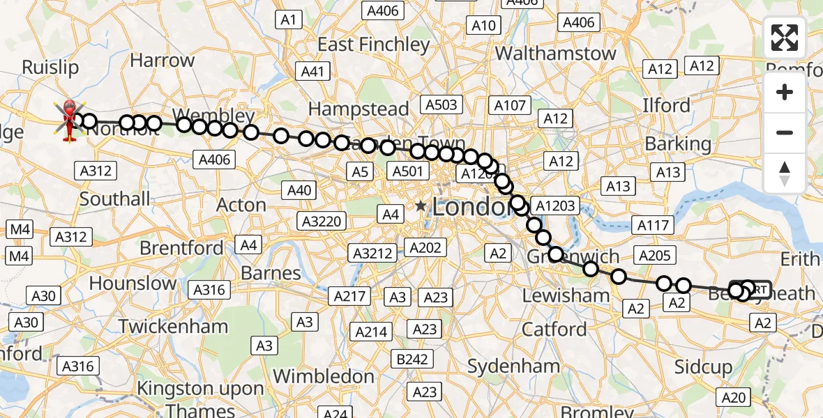 Flight route Air Ambulance Helicopter Upper Belvedere - RAF Northolt, 15 May 2026, 12:59