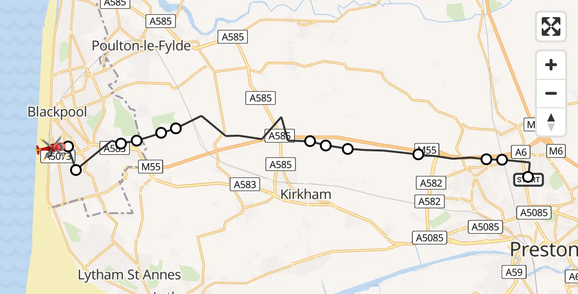 Flight route Air Ambulance Helicopter Royal Preston - Blackpool, 15 May 2026, 13:14