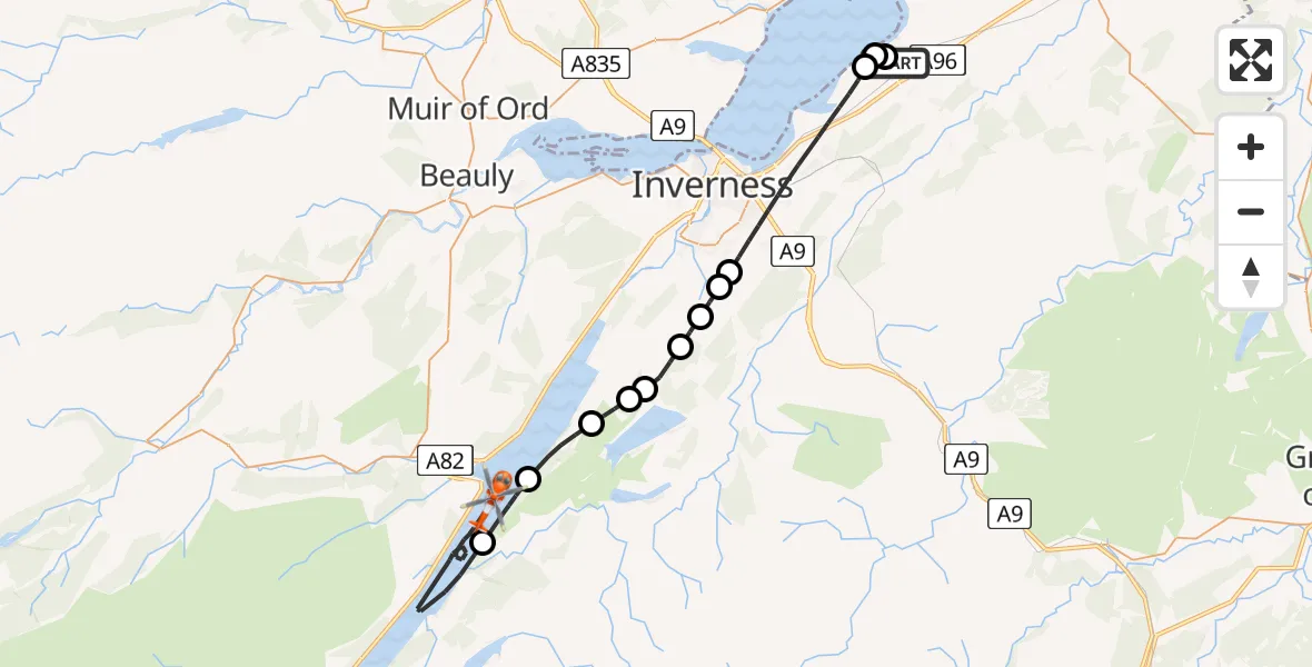 Flight route Coastguard Helicopter Inverness Airport - Loch Ness, 15 May 2026, 13:22