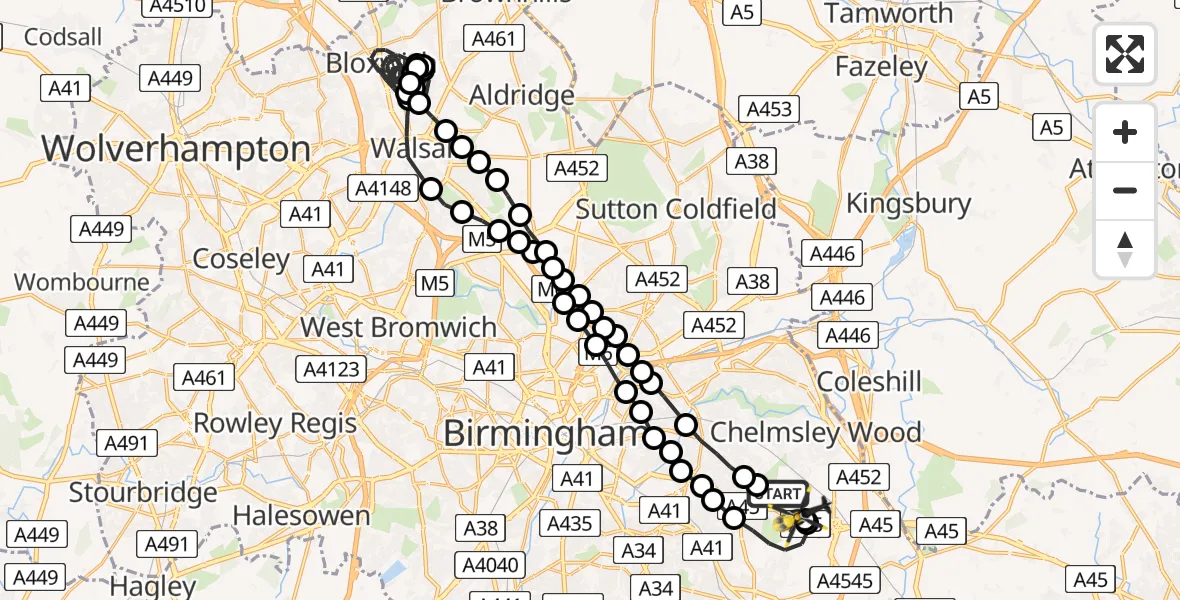 Flight route Police Helicopter Birmingham Airport - Solihull, 15 May 2026, 13:24
