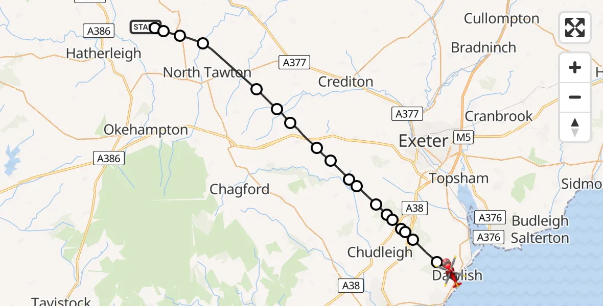 Flight route Air Ambulance Helicopter Iddesleigh - Dawlish, 15 May 2026, 13:29