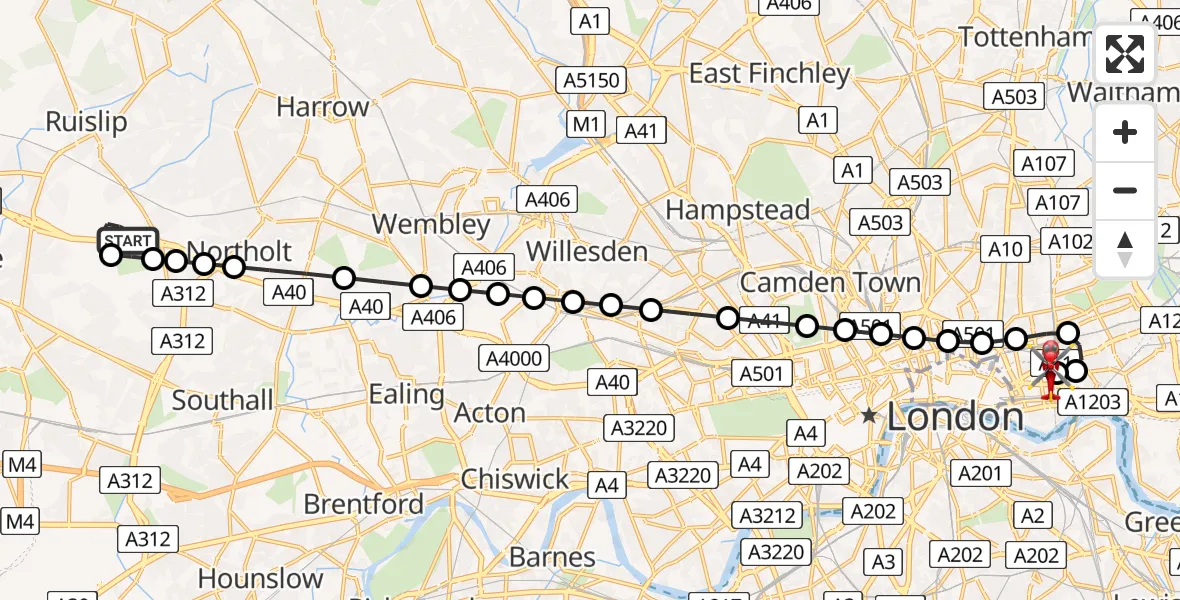 Flight route Air Ambulance Helicopter RAF Northolt - Royal London Hospital, 15 May 2026, 13:36