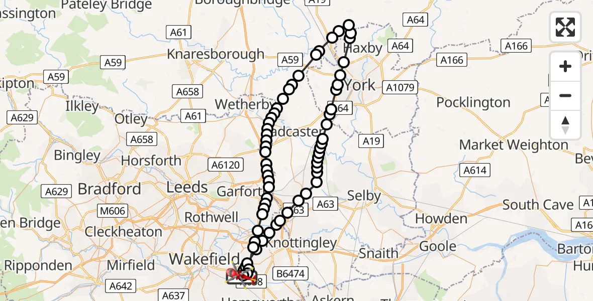 Flight route Air Ambulance Helicopter YAA Nostell Helicopter Port - YAA Nostell Helicopter Port, 15 May 2026, 13:37